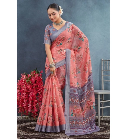 Women's Linen Floral Printed Saree With Unstitched Blouse 5.5Mtr (Peach)