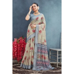 Women's Linen Floral Printed Saree With Unstitched Blouse 5.5Mtr (Beige)