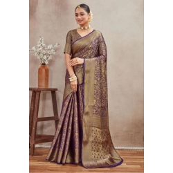Women's Silk Blend Floral Printed Saree With Unstitched Blouse 5.5Mtr (Navy Blue)