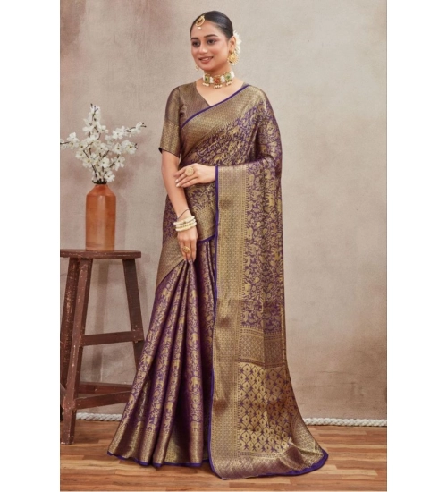 Women's Silk Blend Floral Printed Saree With Unstitched Blouse 5.5Mtr (Navy Blue)