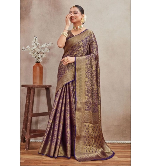 Women's Silk Blend Floral Printed Saree With Unstitched Blouse 5.5Mtr (Navy Blue)
