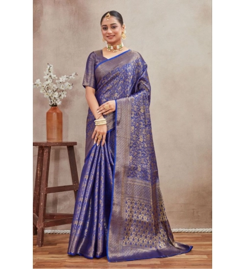 Women's Silk Blend Floral Printed Saree With Unstitched Blouse 5.5Mtr (Royal Blue)