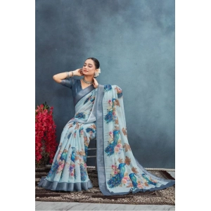 Generic Women's Linen Floral Printed Saree With Unstitched Blouse 5.5Mtr (Grey)
