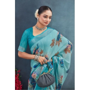 Generic Women's Linen Floral Printed Saree With Unstitched Blouse 5.5Mtr (Aqua)