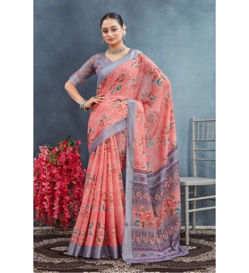 Women's Linen Floral Printed Saree With Unstitched Blouse 5.5Mtr (Peach)