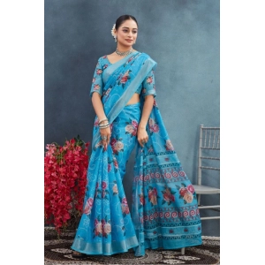 Generic Women's Linen Floral Printed Saree With Unstitched Blouse 5.5Mtr (Blue)