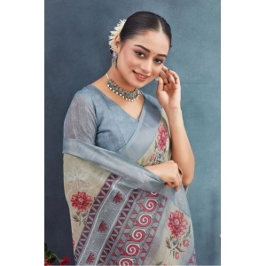 Generic Women's Linen Floral Printed Saree With Unstitched Blouse 5.5Mtr (Beige)