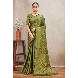 Women's Silk Blend Floral Printed Saree With Unstitched Blouse 5.5Mtr (Green)