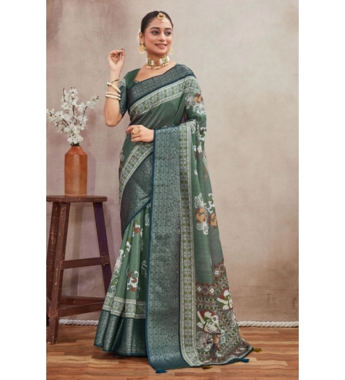 Women's Crepe Silk Printed Saree With Unstitched Blouse 5.5Mtr (Green)