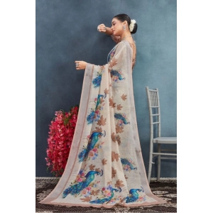 Generic Women's Linen Floral Printed Saree With Unstitched Blouse 5.5Mtr (Beige)