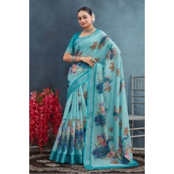 Women's Linen Floral Printed Saree With Unstitched Blouse 5.5Mtr (Aqua)