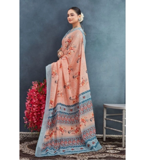 Women's Linen Floral Printed Saree With Unstitched Blouse 5.5Mtr (Orange)