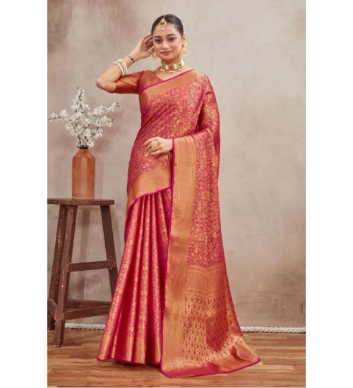 Women's Silk Blend Floral Printed Saree With Unstitched Blouse 5.5Mtr (Pink)