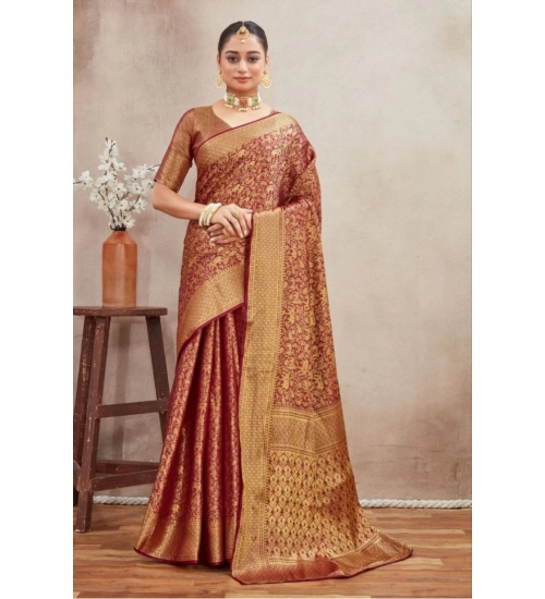 Women's Silk Blend Floral Printed Saree With Unstitched Blouse 5.5Mtr (Brown)