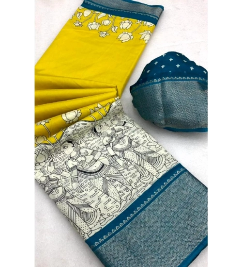 Women's Dola Silk Printed Saree With Unstitched Blouse 5.5Mtr (Yellow )