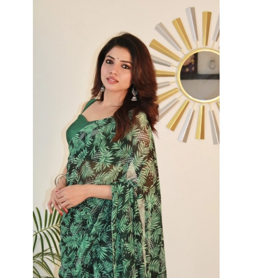 Women's Georgette Printed Saree With Unstitched Blouse 5.5Mtr (Dark Green )