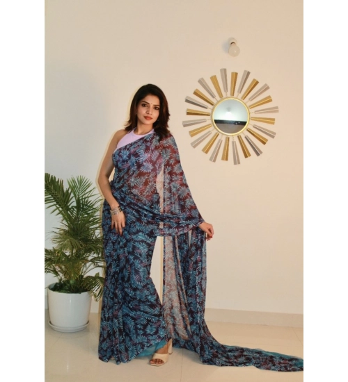 Women's Georgette Printed Saree With Unstitched Blouse 5.5Mtr (Light Blue )