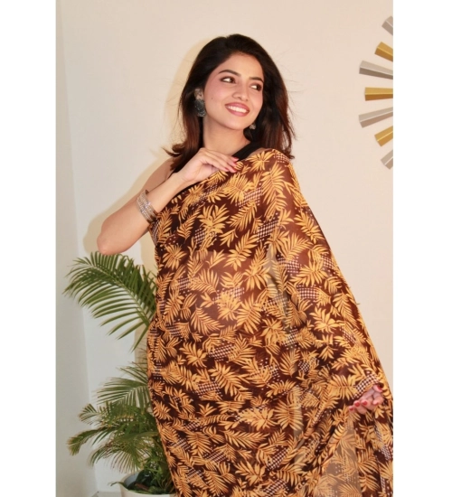 Women's Georgette Printed Saree With Unstitched Blouse 5.5Mtr (Yellow )