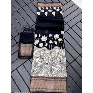 Generic Women's Dola Silk Printed Saree With Unstitched Blouse 5.5Mtr (Black)