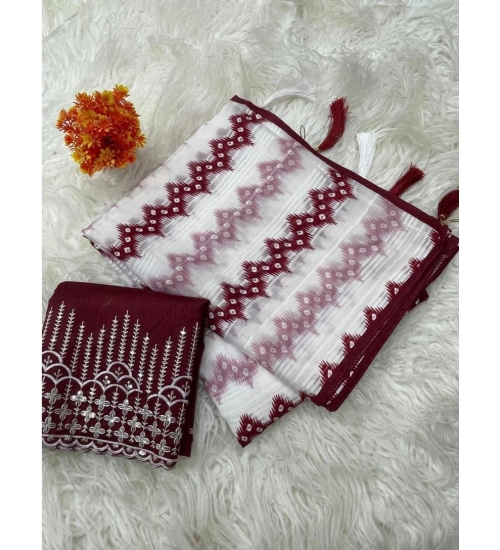 Women's Chiffon Printed Saree With Unstitched Blouse 5.5Mtr (Maroon)