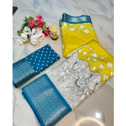 Women's Dola Silk Printed Saree With Unstitched Blouse 5.5Mtr (Yellow )