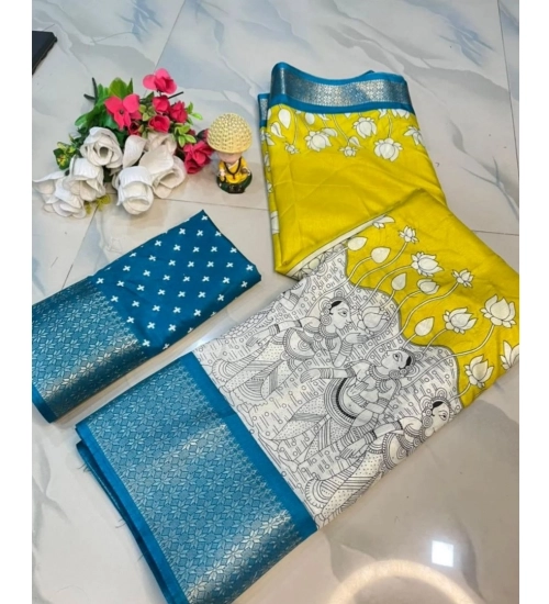 Women's Dola Silk Printed Saree With Unstitched Blouse 5.5Mtr (Yellow )