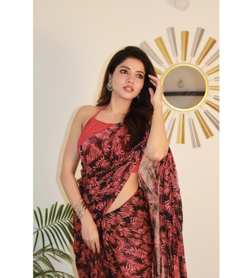 Women's Georgette Printed Saree With Unstitched Blouse 5.5Mtr (Red)