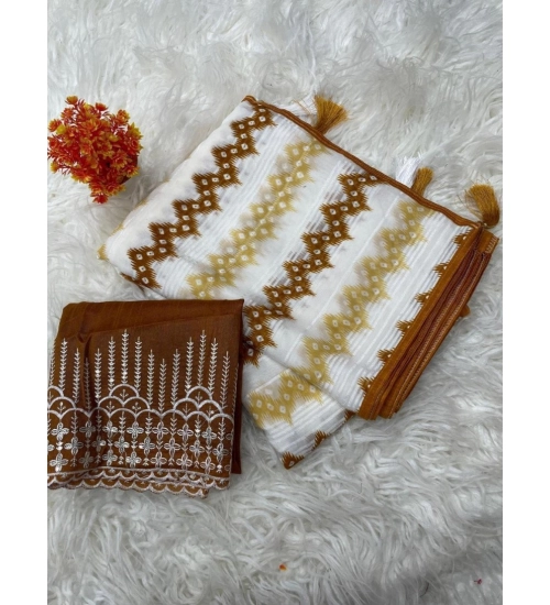 Women's Chiffon Printed Saree With Unstitched Blouse 5.5Mtr (Brown)