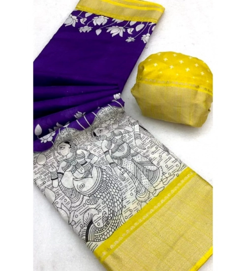Women's Dola Silk Printed Saree With Unstitched Blouse 5.5Mtr (Purple )