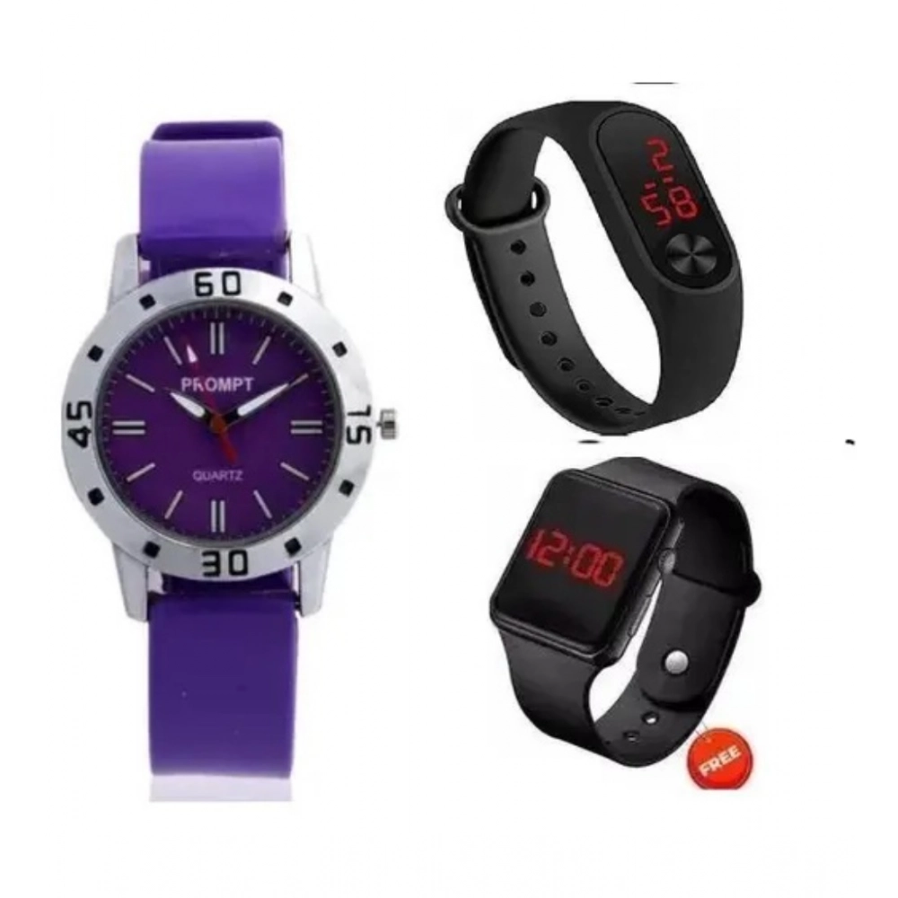 Generic Women's Casual Rubber Aveo & M2 & Black Digital led Watch Pack Of-3 (Purple )