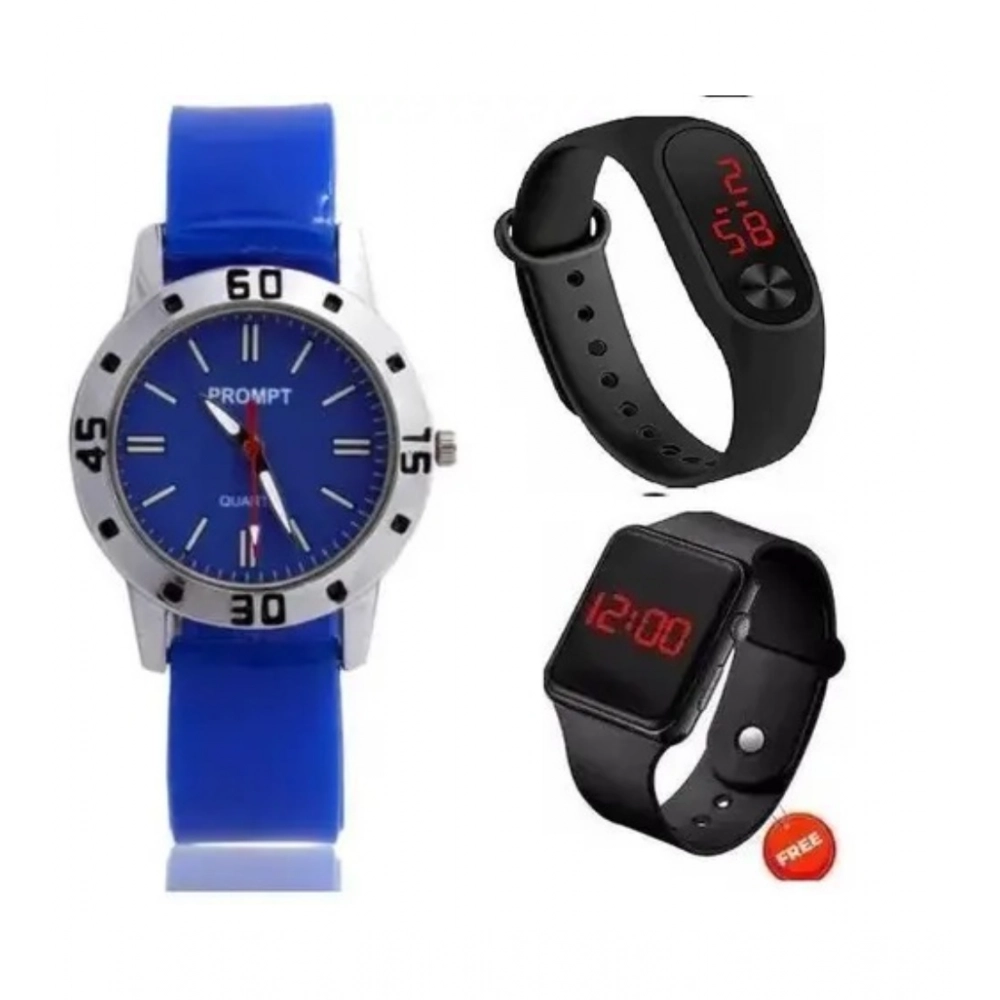 Generic Women's Casual Rubber Aveo & M2 & Black Digital led Watch Pack Of-3 (Blue )