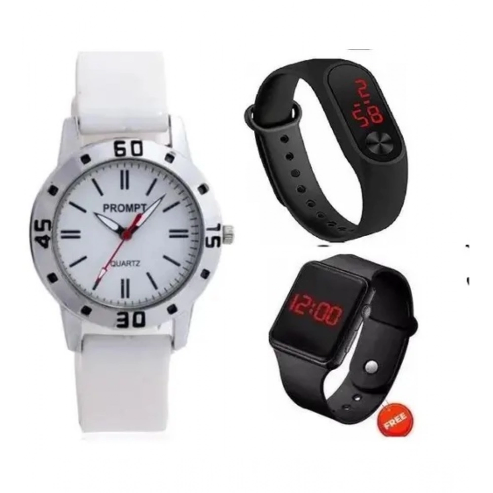 Generic Women's Casual Rubber Aveo & M2 & Black Digital led Watch Pack Of-3 (White )