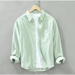 Men's Casual Cotton Striped Full Sleeve Collar Shirt (Green)