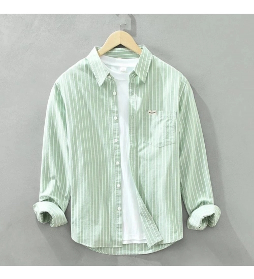 Men's Casual Cotton Striped Full Sleeve Collar Shirt (Green)