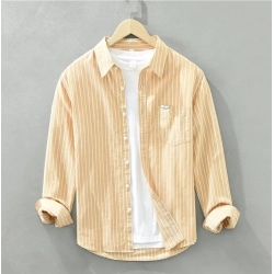 Men's Casual Cotton Striped Full Sleeve Collar Shirt (Yellow)