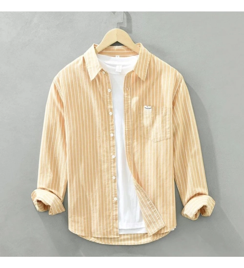 Men's Casual Cotton Striped Full Sleeve Collar Shirt (Yellow)
