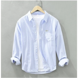 Men's Casual Cotton Striped Full Sleeve Collar Shirt (Blue)