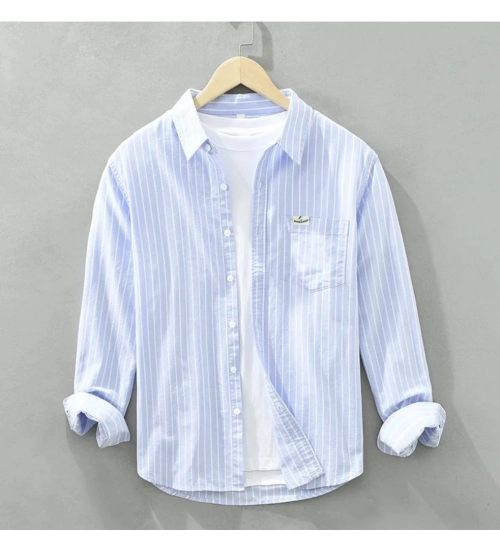 Men's Casual Cotton Striped Full Sleeve Collar Shirt (Blue)