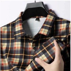 Men's Casual Cotton Checked 3-4th Sleeve Collar Shirt (Orange)