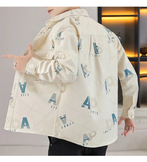 Men's Casual Cotton Printed Full Sleeve Collar Shirt (Beige)