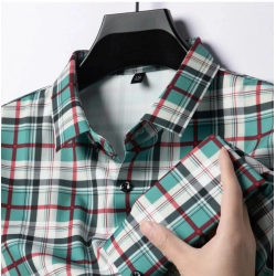 Men's Casual Cotton Checked 3-4th Sleeve Collar Shirt (Blue)
