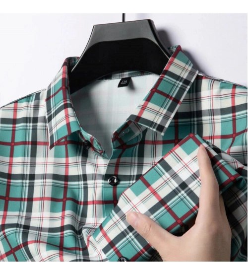 Men's Casual Cotton Checked 3-4th Sleeve Collar Shirt (Blue)