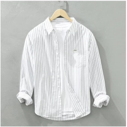 Men's Casual Cotton Striped Full Sleeve Collar Shirt (White)