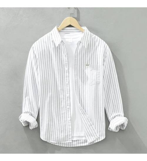 Men's Casual Cotton Striped Full Sleeve Collar Shirt (White)