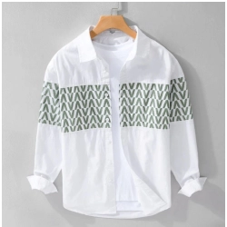 Men's Casual Cotton Printed Full Sleeve Collar Shirt (White)
