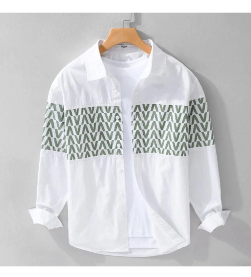 Men's Casual Cotton Printed Full Sleeve Collar Shirt (White)