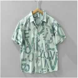 Men's Casual Cotton Printed 3-4th Sleeve Collar Shirt (Green)