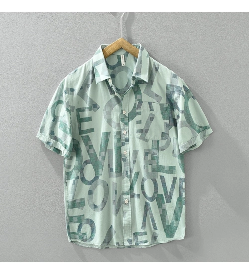 Men's Casual Cotton Printed 3-4th Sleeve Collar Shirt (Green)