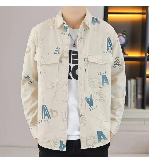 Men's Casual Cotton Printed Full Sleeve Collar Shirt (Beige)