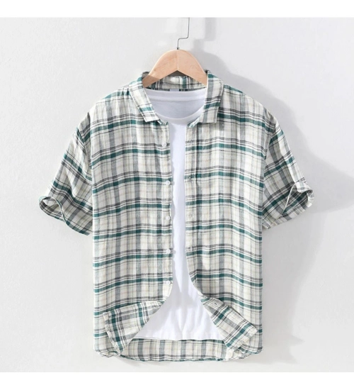 Men's Casual Cotton Checked 3-4th Sleeve Collar Shirt (Blue)